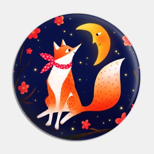 Cute fox, crescent moon and flowers, version 2 Pin