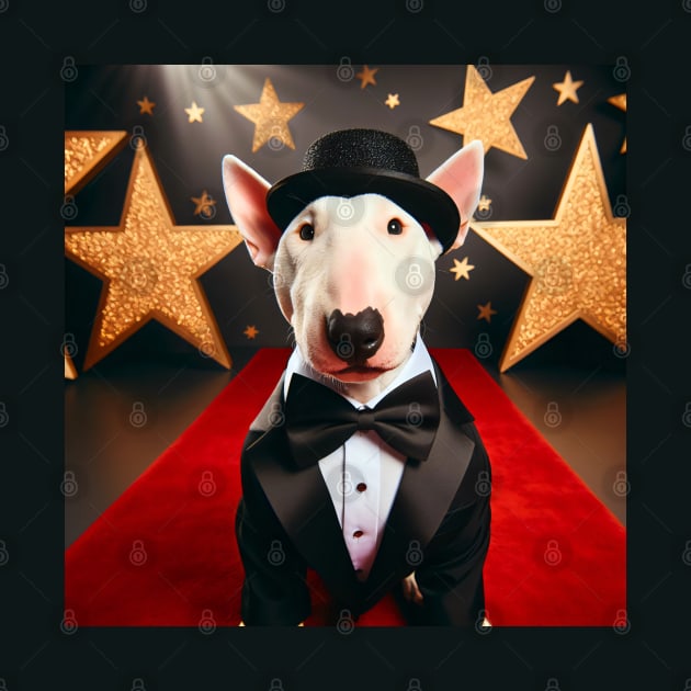 Happy bull terrier wearing tuxedo and hat in front of stars by nicecorgi