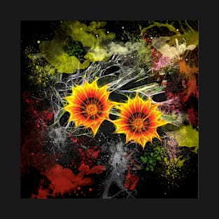 Glowing yellow daisies on black T-Shirt