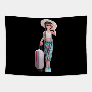 3D Summer Female Wearing Sunglasses and Beach Hat Tapestry