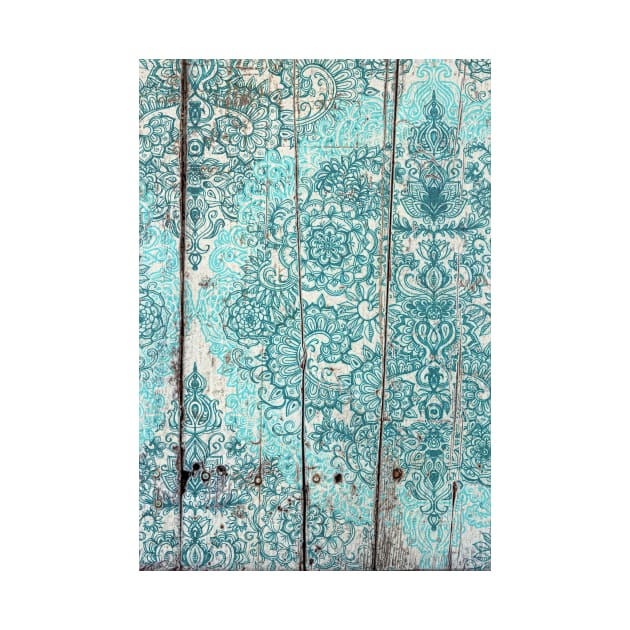 Teal & Aqua Botanical Doodle on Weathered Wood by micklyn