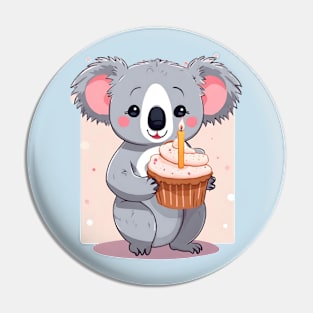 Cute Koala girl holding a birthday muffin with a candle,.Vector flat illustration Pin