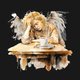 Coffee Angel Morning Ritual Before Coffee Watercolor Style T-Shirt