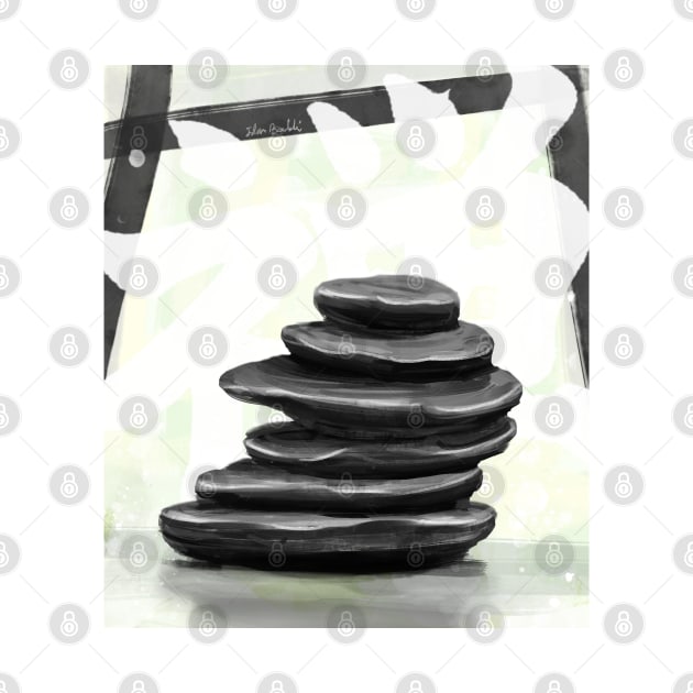 Painting of Balanced Black Zen Stones, Lime Background with the Word Zen in Japanese by ibadishi