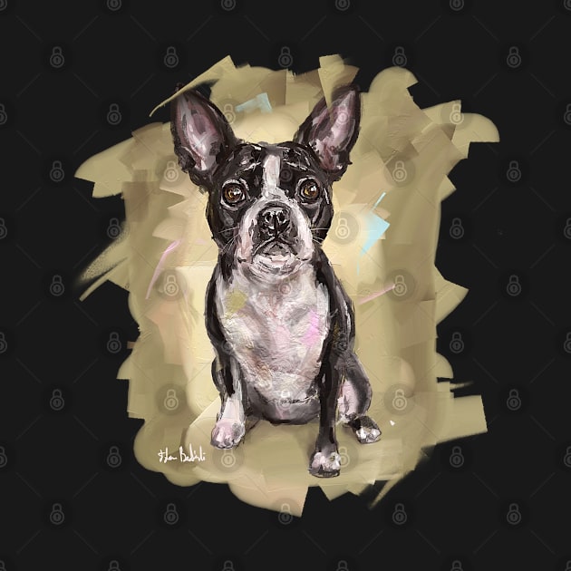 Contemporary Painting of a Cute Boston Terrier on a Beige Background by ibadishi