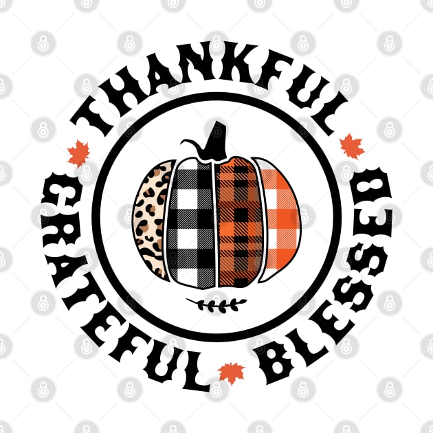 Thankful Grateful Blessed Orange Plaid Leopard Pumpkin Fall by OrangeMonkeyArt