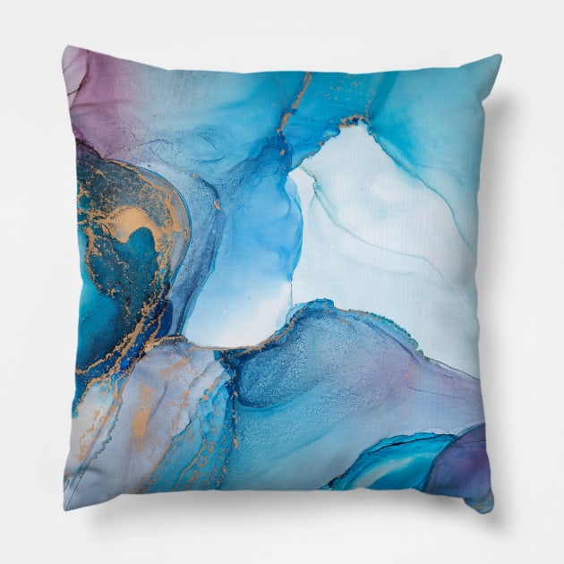 Sparkling green, turquoise, gold. Alcohol ink abstract Rainbow Vibrant. Style incorporates the swirls of marble or the ripples of agate. Pillow by MariDein