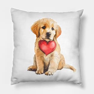 Valentine Golden Retriever Holding Heart Pillow