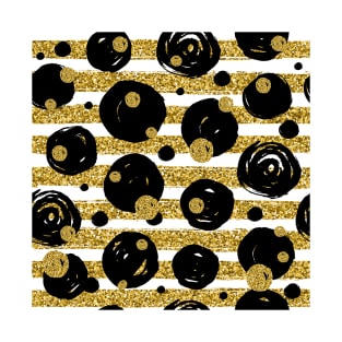 Glitter Chic Pattern 06 | Black Polka Dots and Gold Lines T-Shirt