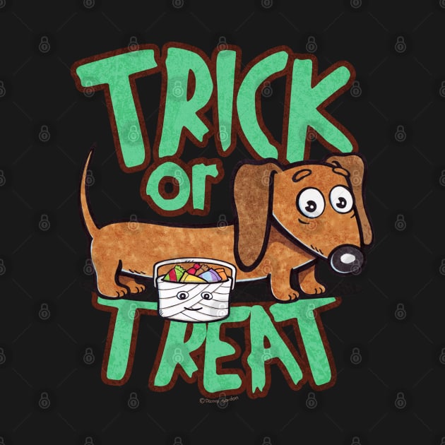 Funny and cute doxie dachshund dog going trick or treating on halloween to get more candy on a scary and spooky night by Danny Gordon Art