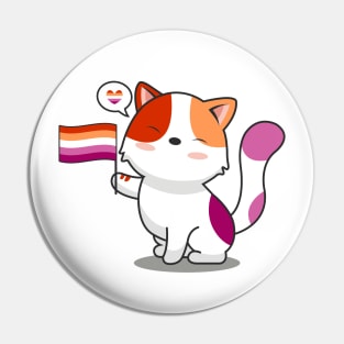 Cute Cat Holding Lesbian Pride Flag Pin