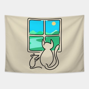 Cat and Mouse Window View BLACK OUTLINE Tapestry