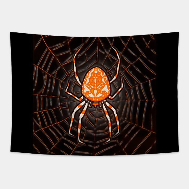 Pumpkin colored spider in black spider house on halloween Tapestry by Marccelus