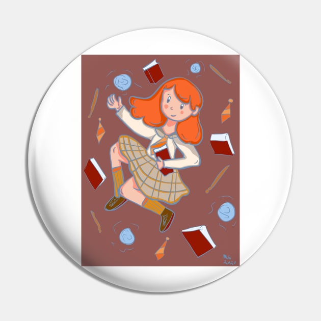 Redhead witch with books and magic wand Pin by Thedisc0panda