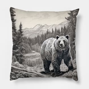 Grizzly Bear Animal Predator Wild Nature Ink Sketch Style Pillow