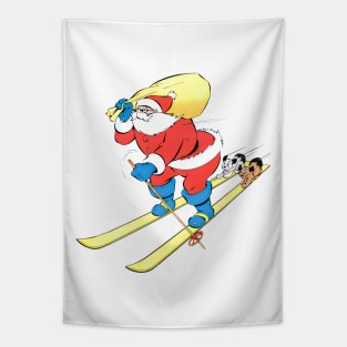 two funny dogs travel on Santa Claus's skis at full speed towards merry Christmas in the snow Retro Vintage Comic Cartoon Tapestry