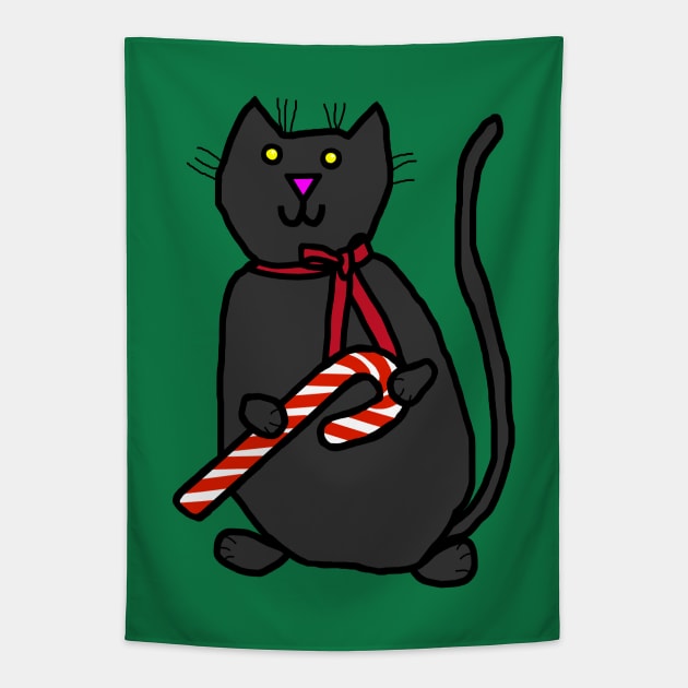 Christmas Kitty Cat With Ribbon and Candy Cane Tapestry by ellenhenryart