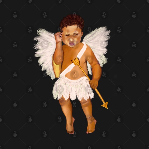 Cupid often wondered whether.... baby angel holding an arrow - In a contemplative pose with curly Afro Hair and gold arrow by Artonmytee