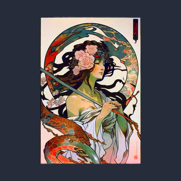 Japanese Vintage Art Nouveau Dragon Lady Priestess by entwithanaxe