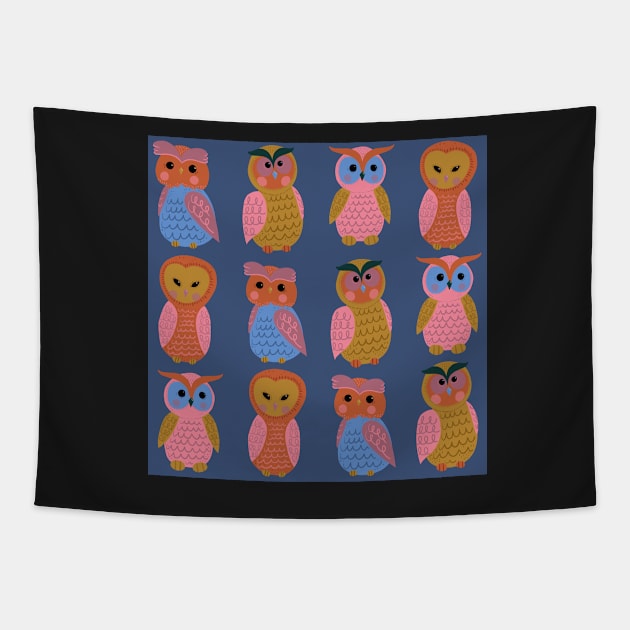 Cute-owls-pink-mauve-mustard-orange-blue-green Tapestry by Kimmygowland