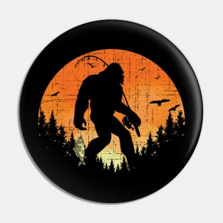 Fishing Bigfoot Sunset - Retro Bigfoot Pin