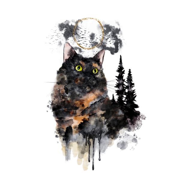 Forest Truffle Surreal Watercolor Tortoiseshell Cat by venglehart