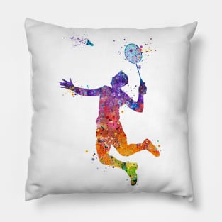 Boy Badminton Player Watercolor Pillow