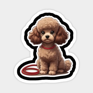 Cute Poodle – Fluffy Brown Dog with Big Eyes & Red Leash Magnet