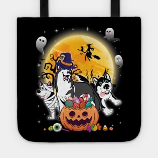 Alaskan Husky Dog Mummy Witch Moon Ghosts Happy Halloween Thanksgiving Merry Christmas Day Tote