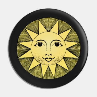 celestial yellow sun with face line drawing vintage Pin