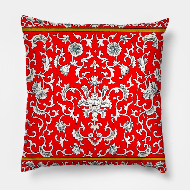 red main color printed images that are based on vintage floral and geometric motifs, can be used in decorating fabrics and coverings in fashion Pillow by Marccelus