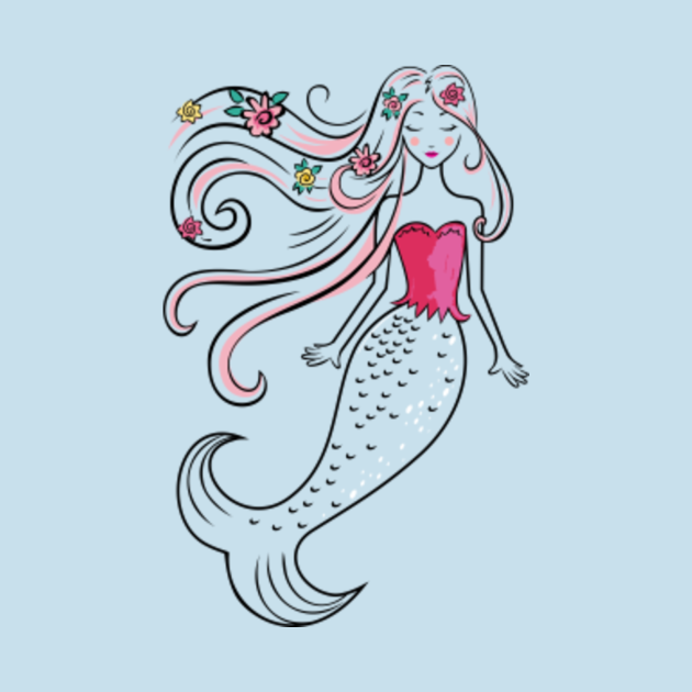 Beautiful Mermaid With Flowers In Her Long Pretty Hair - Mermaid - T ...