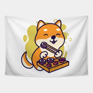 cute shiba eats sushi Tapestry