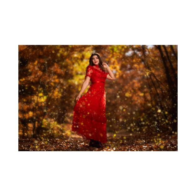 Woman in red dress in the oak forest, full body by naturalis