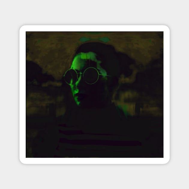 Beautiful girl with round glasses. Dark, like in night dream. Green. Magnet by 234TeeUser234