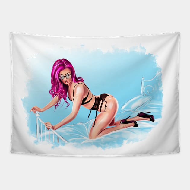 Cute and Fun Pin Up Girl in Bed Tapestry by beaugeste2280@yahoo.com