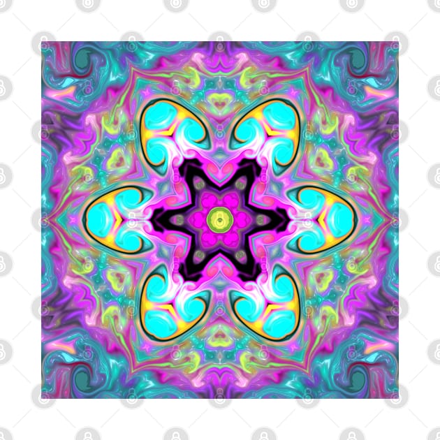 Psychedelic Mandala Flower Blue Pink and Yellow by WormholeOrbital