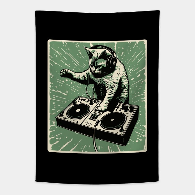 Cat DJ - Green Block Print - DJ Cat - Deadmau5 - Deadmouse Tapestry by Barn Shirt USA