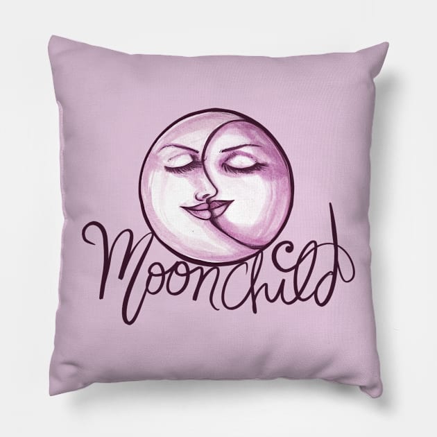 Moon Child Crescent and Full Moon Face Pillow by bubbsnugg