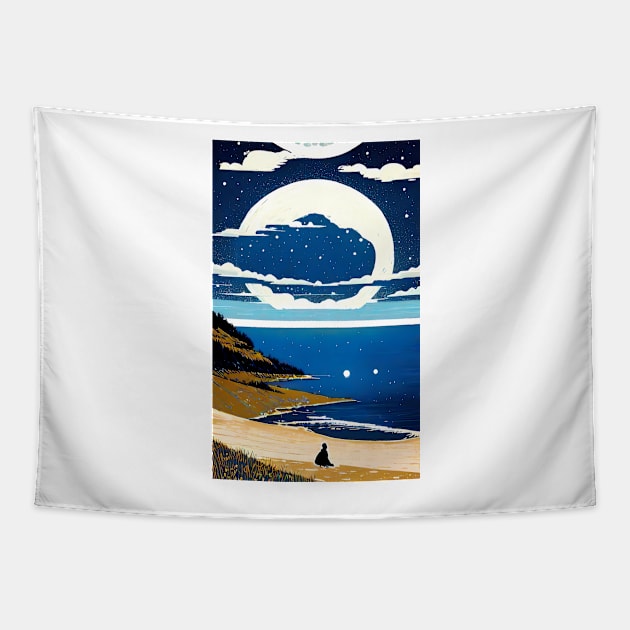 Starry Blue Moon bay abstract line art Tapestry by PsychicLove