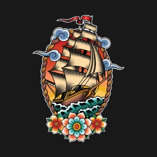 Traditional Tattoo Sailing Ship, Clipper Ship Illustration T-Shirt