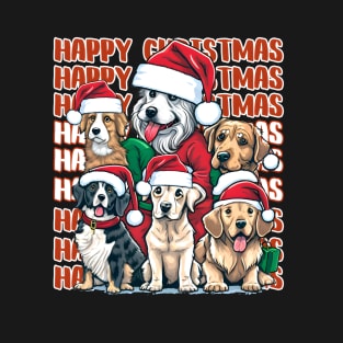 Happy Christmas Dog Family in Santa Hats T-Shirt