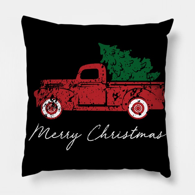 Merry Christmas Retro Vintage Red Truck Pillow by Soema