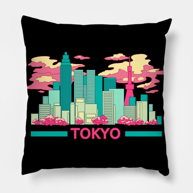 The colorful Tokyo skyscrapers and the cherry blossom on the black background Pillow by AnGo