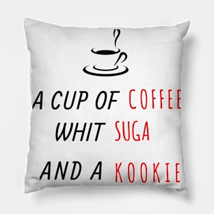 a cup of coffee with duga and a kookie Pillow