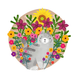 A Pompous Cat and Pretty Flowers - Sticker and Magnet T-Shirt