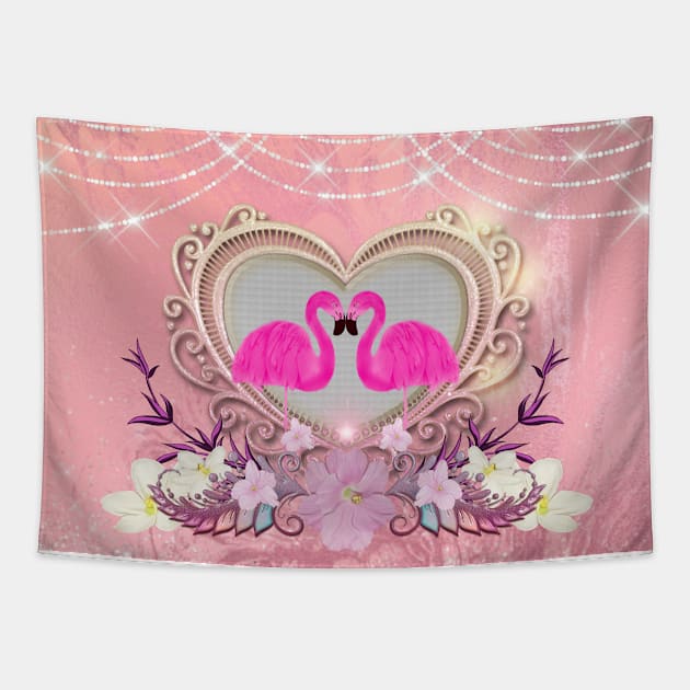 Elegant heart with flamingo and flowers Tapestry by Nicky2342