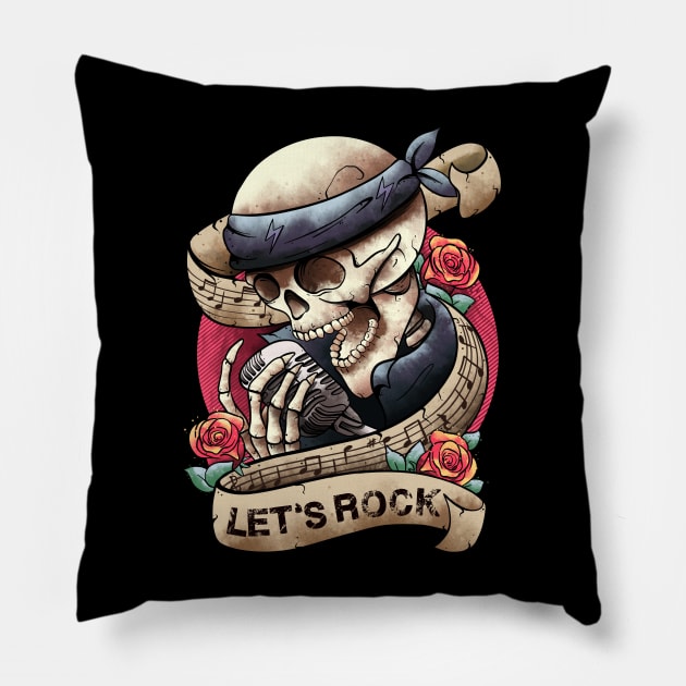 Lets Rock Rock&Roll Skeleton Hand Vintage Retro Rock Concert Pillow by MerchBeastStudio