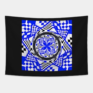 Blue Black and White Double Layer Swirl and Checkered Pinwheel Tapestry
