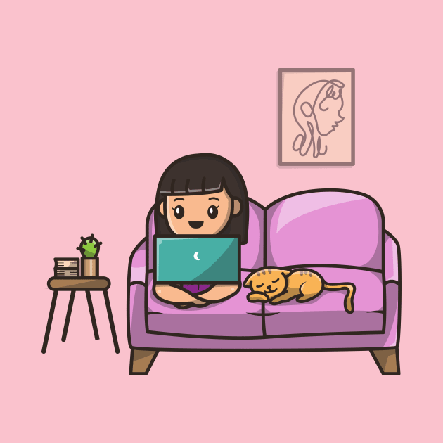 Cute Girl Working On Laptop With Cat Cartoon by Catalyst Labs